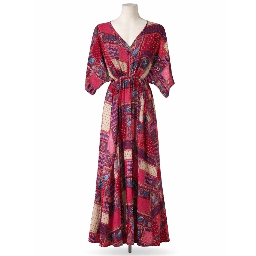 NWT Boho Patchwork Paisley Maxi Dress Kimono Sleeve Festival Bohemian Hippie M
